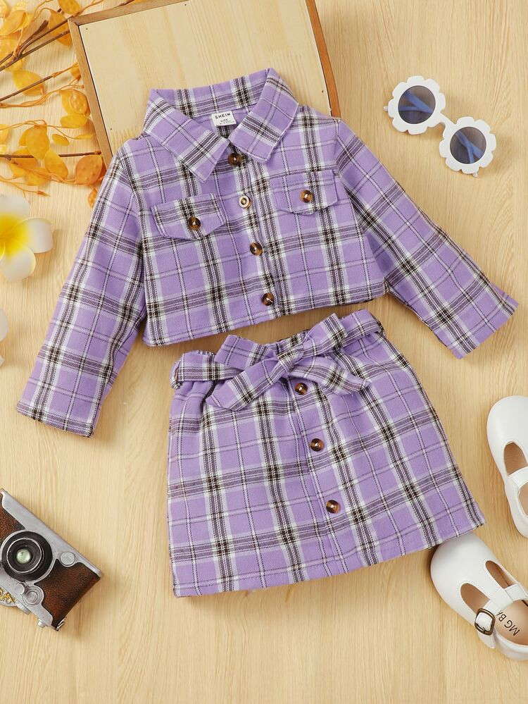 Baby Tartan Print Blouse & Belted Skirt | SHEIN