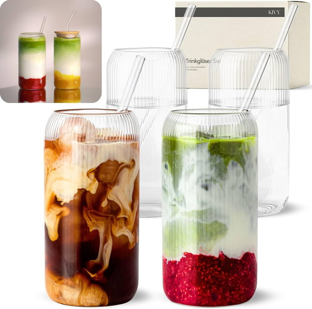 KIVY Set de Verres Rigato avec Paille [4x 450ml] Verres \u00e0 Eau, Matcha & Cocktail - Set Longd... | Amazon (FR)