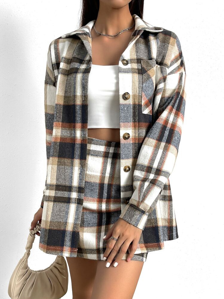 Plaid Print Drop Shoulder Shirt & Skirt | SHEIN