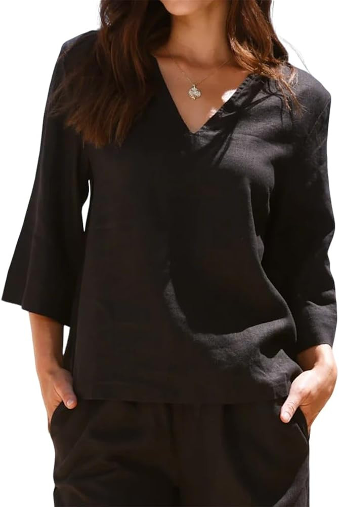 IDEALSANXUN Womens 3/4 Sleeve Linen Shirts Spring Summer V Neck Blouses Tunic Tops | Amazon (US)