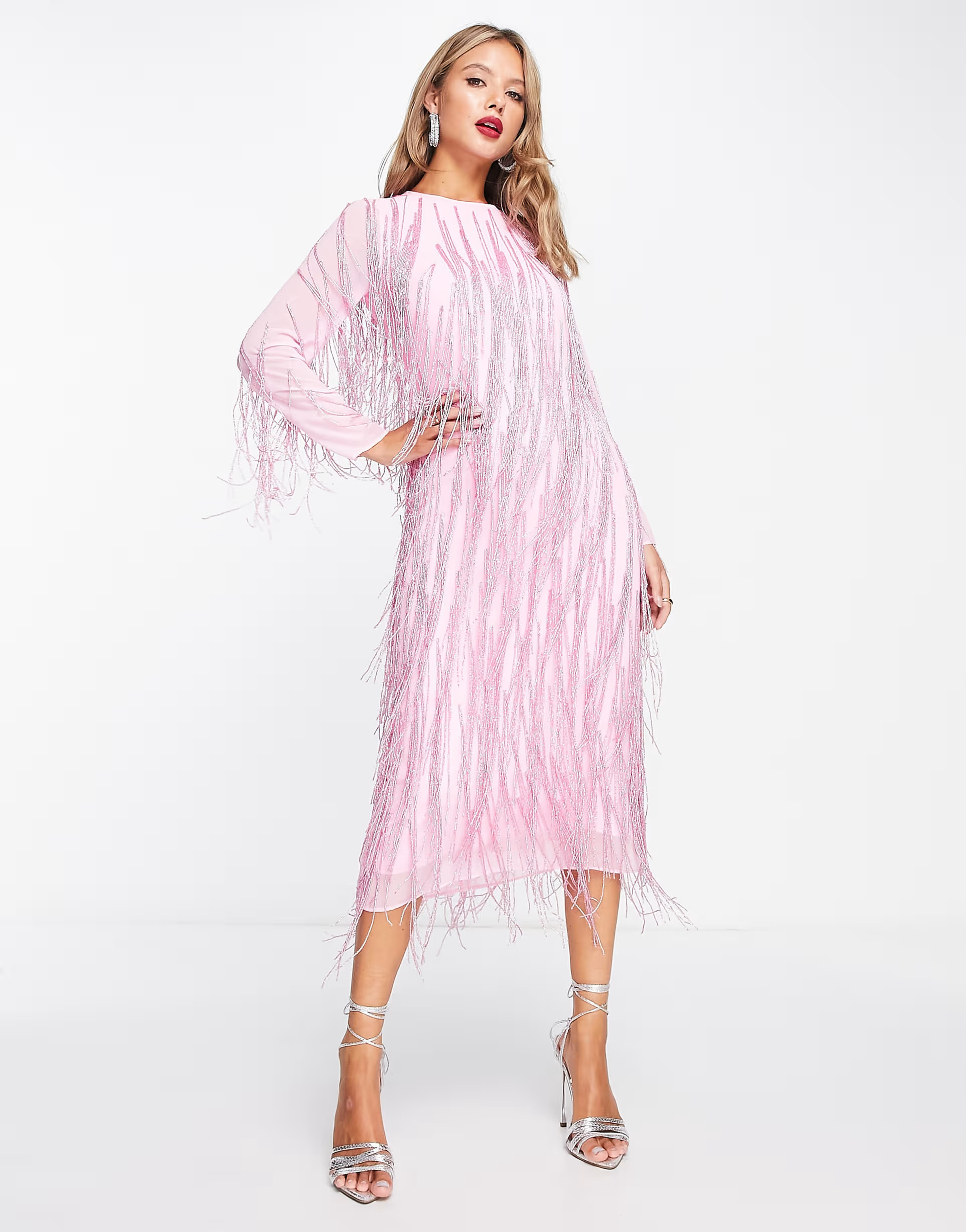& Other Stories beaded fringe midi dress in pink | ASOS (Global)