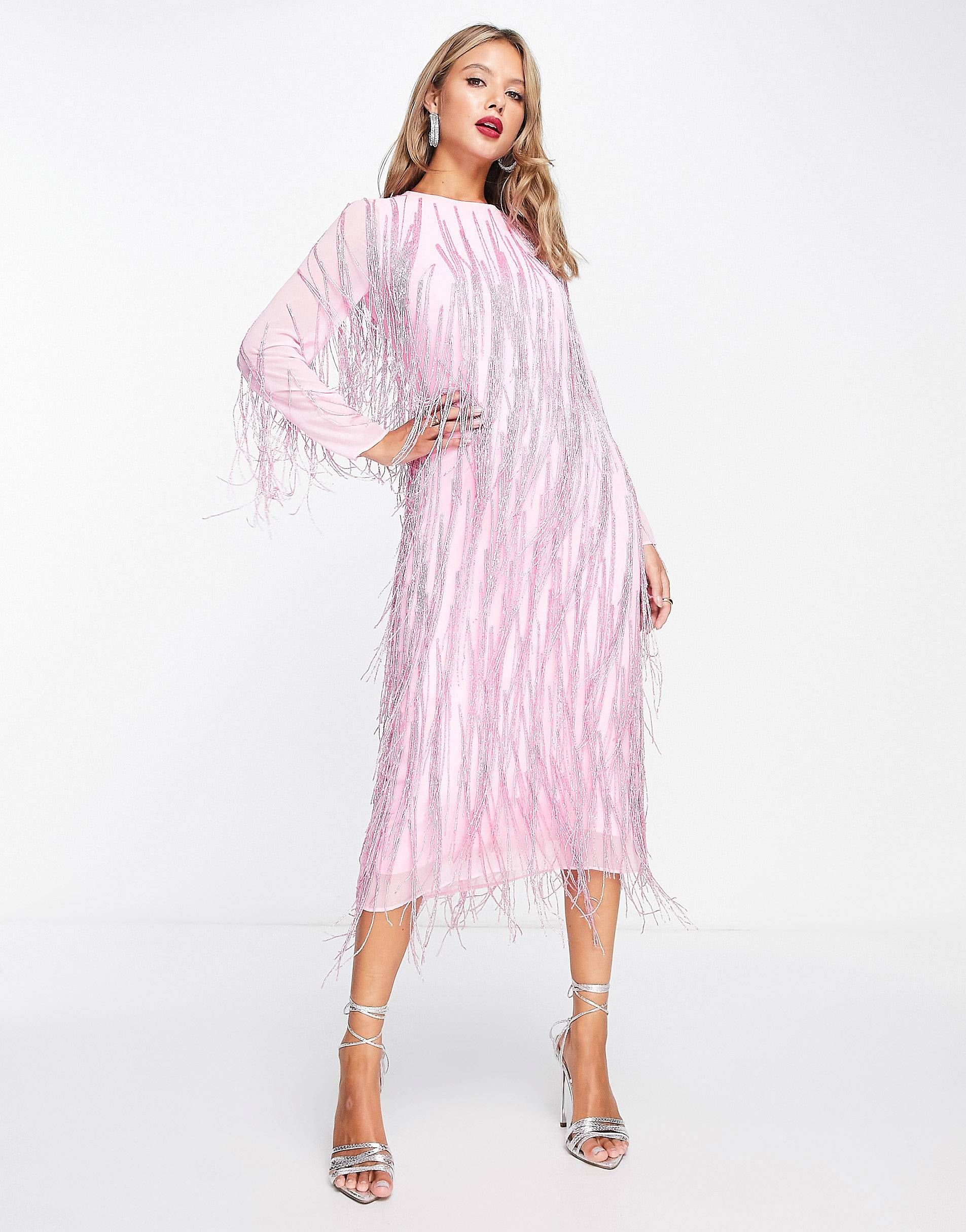 & Other Stories beaded fringe midi dress in pink | ASOS (Global)