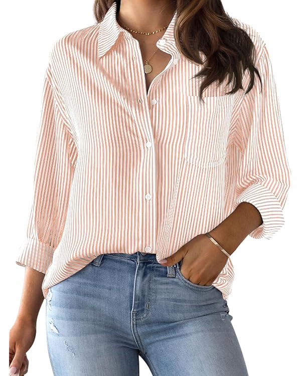 CUNLIN Grade 4 Wrinkle-Resistant Women's Button Down Shirts Striped Long Sleeve Collared Blouses ... | Amazon (US)