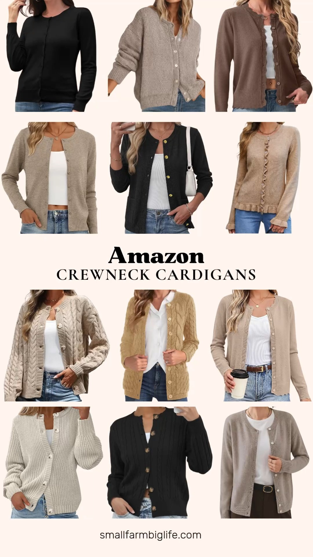 Crewneck cardigans are the ultimate fall layering piece and this edit rounds up the coziest button down styles worth adding to your closet.

Starting with lightweight options: an almond scalloped trim cardigan with a soft knit crew neck, a light heather brown lightweight knit cardigan perfect for versatile layering, and a beige lightweight cardigan for easy everyday wear.

For chunky knits: a heather beige wool blend chunky cardigan with an open front, a grey khaki ribbed knit cardigan in a soft cozy loose fit, and a dark khaki ruffle cropped cardigan with frill trim for a relaxed style.

For cable knit styles: a camel cable knit cardigan with a pocket and button up front, a beige cable knit cardigan with an open front, and a black cable knit crew neck cardigan with the same button down design.

Rounding it out is a black open front dressy cardigan, a black lightweight button down cardigan perfect for travel or work, and a brown lightweight crewneck cardigan for an easy dressy finish.

#crewneckcardigan #fallsweaters #cardigansweater #fallcardigan #knitcardigan 

 #LTKootd #LTKOver40 #LTKWorkwear