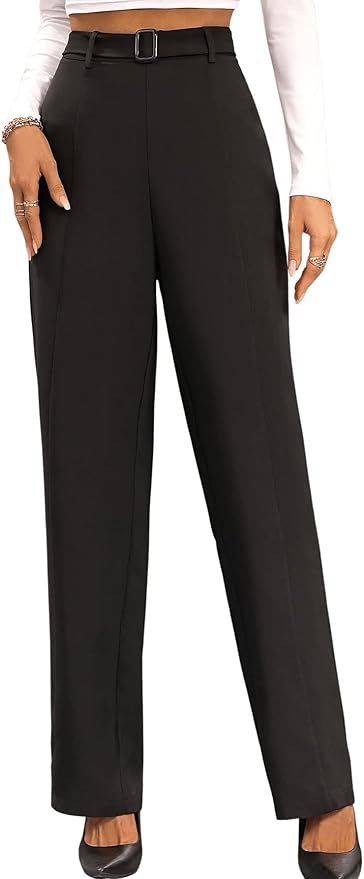 SweatyRocks Women's Elegant High Waist Belted Pants Straight Leg Office Suit Pants Trousers | Amazon (US)