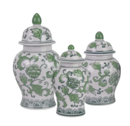 Set of 3 Green & White Floral Food Safe Jars | The Enchanted Home