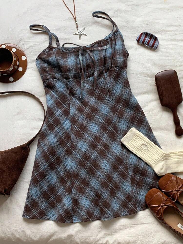 Comfortcana Women's Autumn/Winter Casual Plaid Strap Mini Dress Square Neck Dress, Brown Plaid Dr... | SHEIN