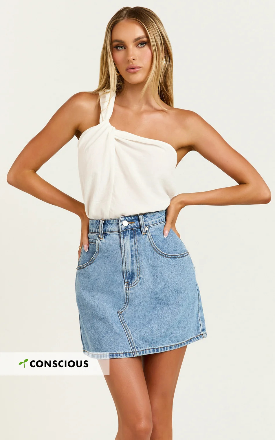 Jaden Mini Skirt - High Waisted Recycled Denim Mini Skirt in Mid Blue Wash | Showpo (US, UK & Europe)