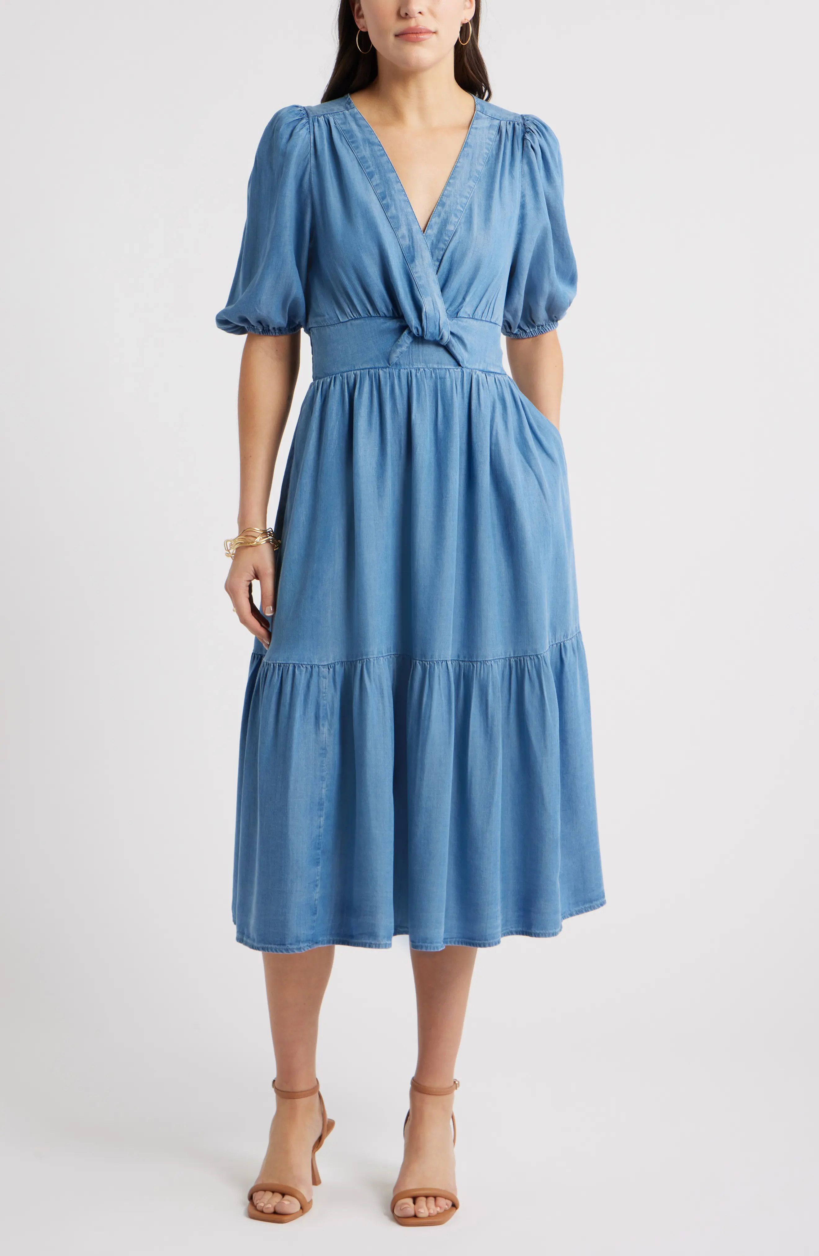 Twist Front Puff Sleeve Chambray Midi Dress (Women) | Nordstrom | Nordstrom