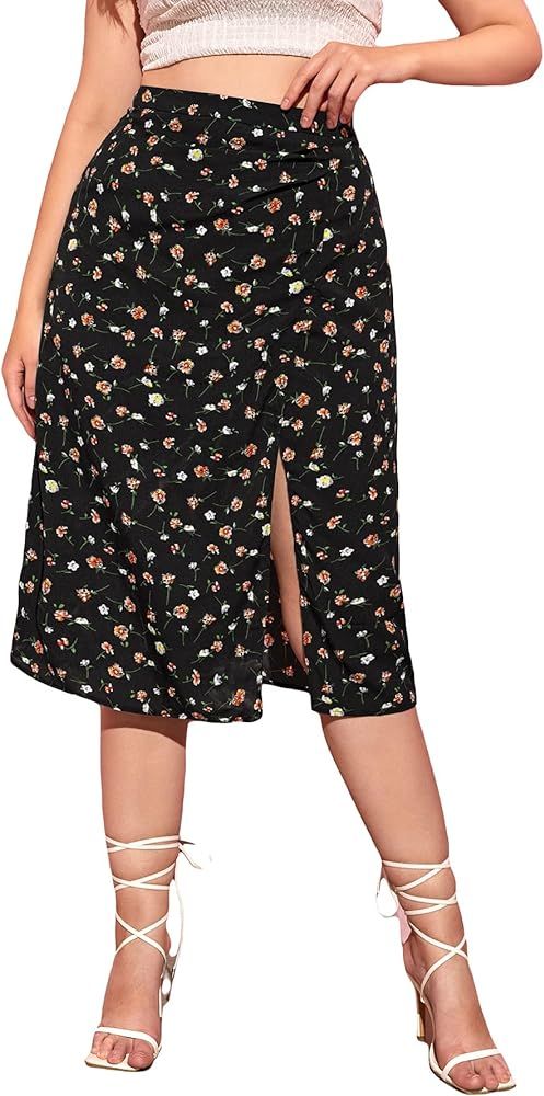 Women's Plus Size Ditsy Floral Skirt High Waisted Boho Midi Skirt with Slit | Amazon (US)