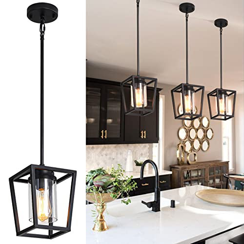 SGLfarmty 1-Light Black Pendant Lights Kitchen Island, Modern Farmhouse Cage Metal Adjustable Lantern Hanging Light Fixture with Glass Shade for Dining Room Entryway Hallway | Amazon (US)