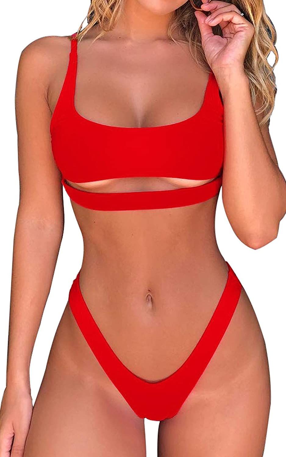 Byoauo Womens Sexy Bikini Scoop Neck Straps Cutout Crop Top with Cheeky Bottom Two Piece Swimsuit... | Amazon (US)