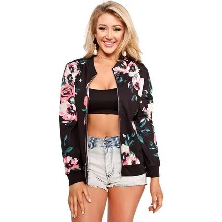 RNUIOH Vintage Floral Print Women Bomber Jackets Long Sleeve Slim Zipper Coat (S) | Walmart (US)