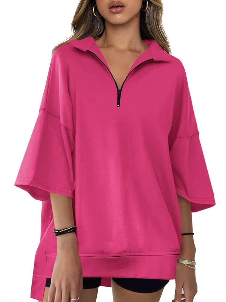 Fisoew Womens Oversized Sweatshirt Casual Zip Up V Neck 3/4 Sleeve High Low Pullover Tunic Tops | Amazon (US)