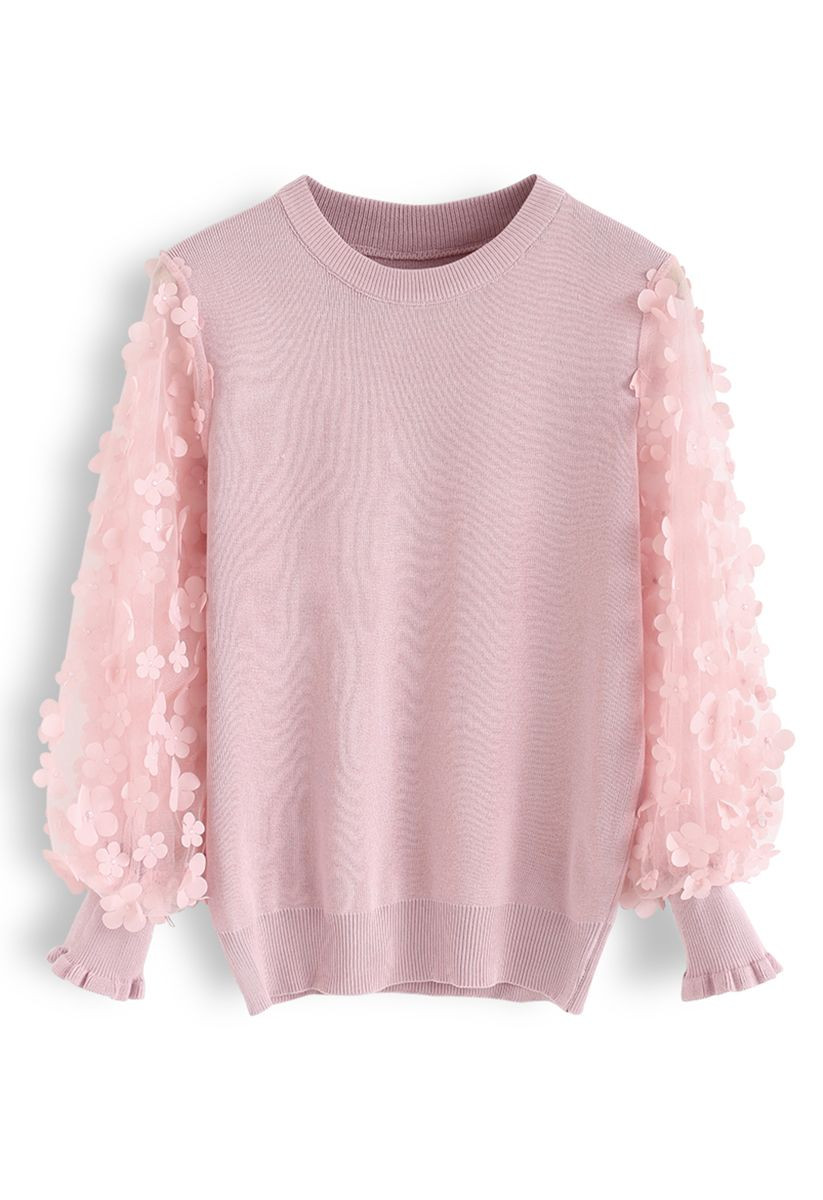 3D Flower Mesh Sleeves Knit Top in Pink | Chicwish