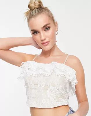 Miss Selfridge lace ruffle corset top in blush | ASOS (Global)