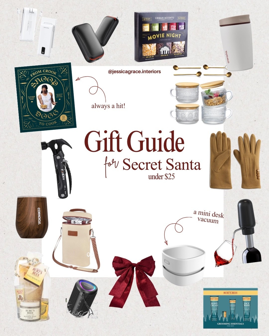 Secret Santa Gifts 

All under $25!

White elephant exchange 

Gloves
Snoop dog book
Candle
Tool
Wine
Speaker
Vacuum
Cups
Charger
Popcorn
Wine carrier 

#LTKFindsUnder50 #LTKCyberWeek #LTKGiftGuide