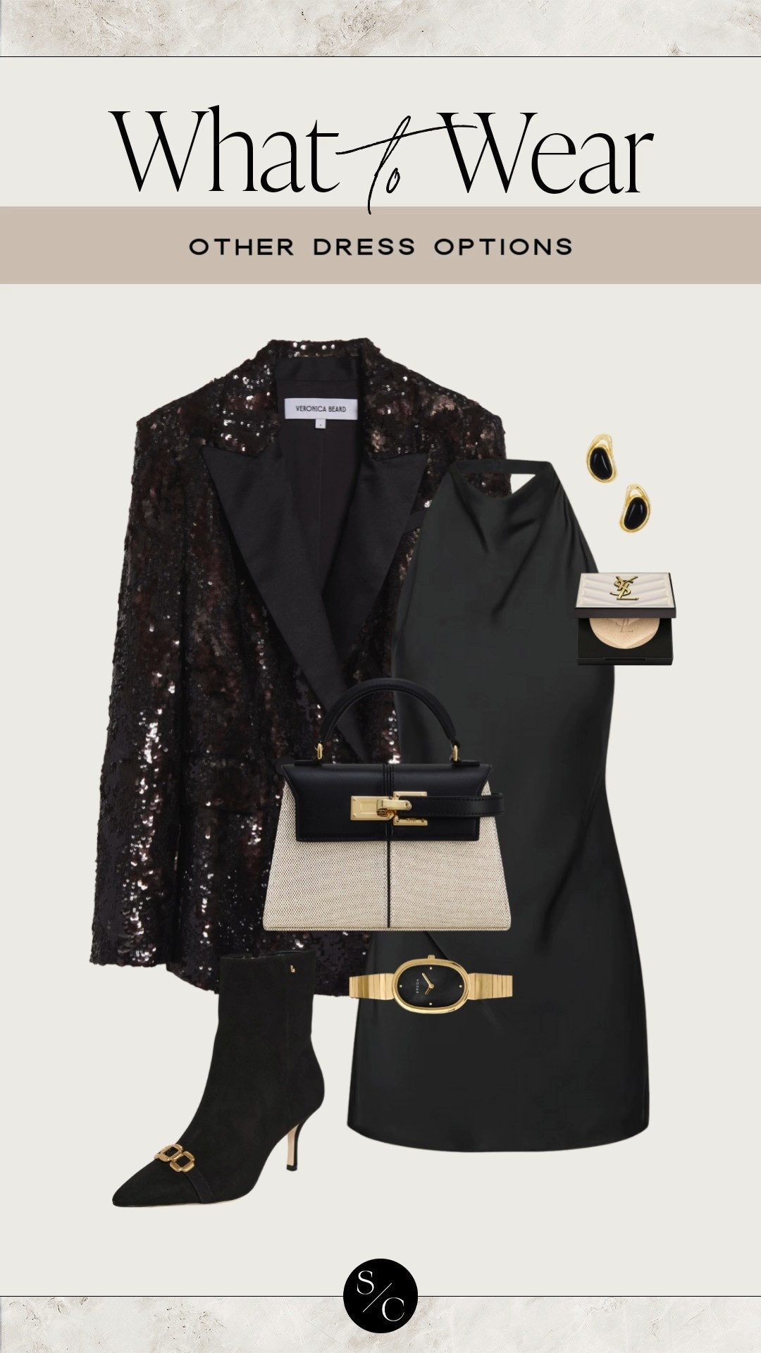 What to wear 🖤 Dress option for New Year’s! Sequin blazer, satin high neck black dress, top handle bag, gold watch & accessories. 

#LTKootd #LTKgrwm #LTKHoliday