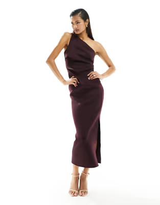 ASOS DESIGN pleated one shoulder scuba midi dress in aubergine | ASOS (Global)