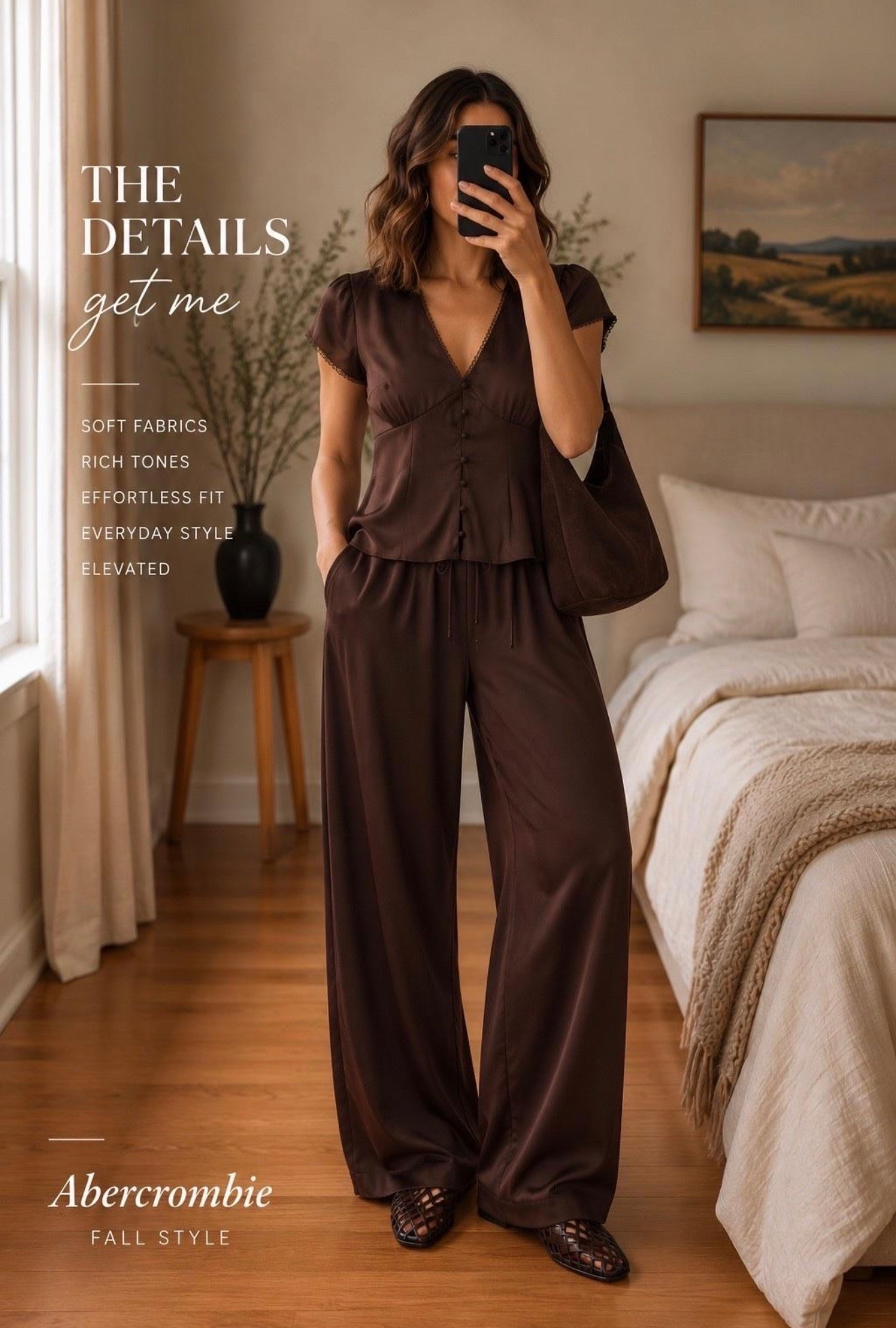 Chocolate brown is THE color for fall 🤎🍂 This Abercrombie satin set is such an easy way to look put together while still feeling comfortable. The feminine button-front top + flowy satin pants make it feel a little elevated, and I love it paired with woven flats and a suede bag. Perfect for dinner, date night, work or a fall girls’ night.

Shop the full look on my LTK 🤎

#Abercrombie #AbercrombieStyle #AbercrombieFinds #FallOutfit #ChocolateBrown #FallFashion #FallStyle #LTKFinds #LTKStyle #DateNightOutfit

#LTKSaleAlert #LTKSeasonal #LTKootd