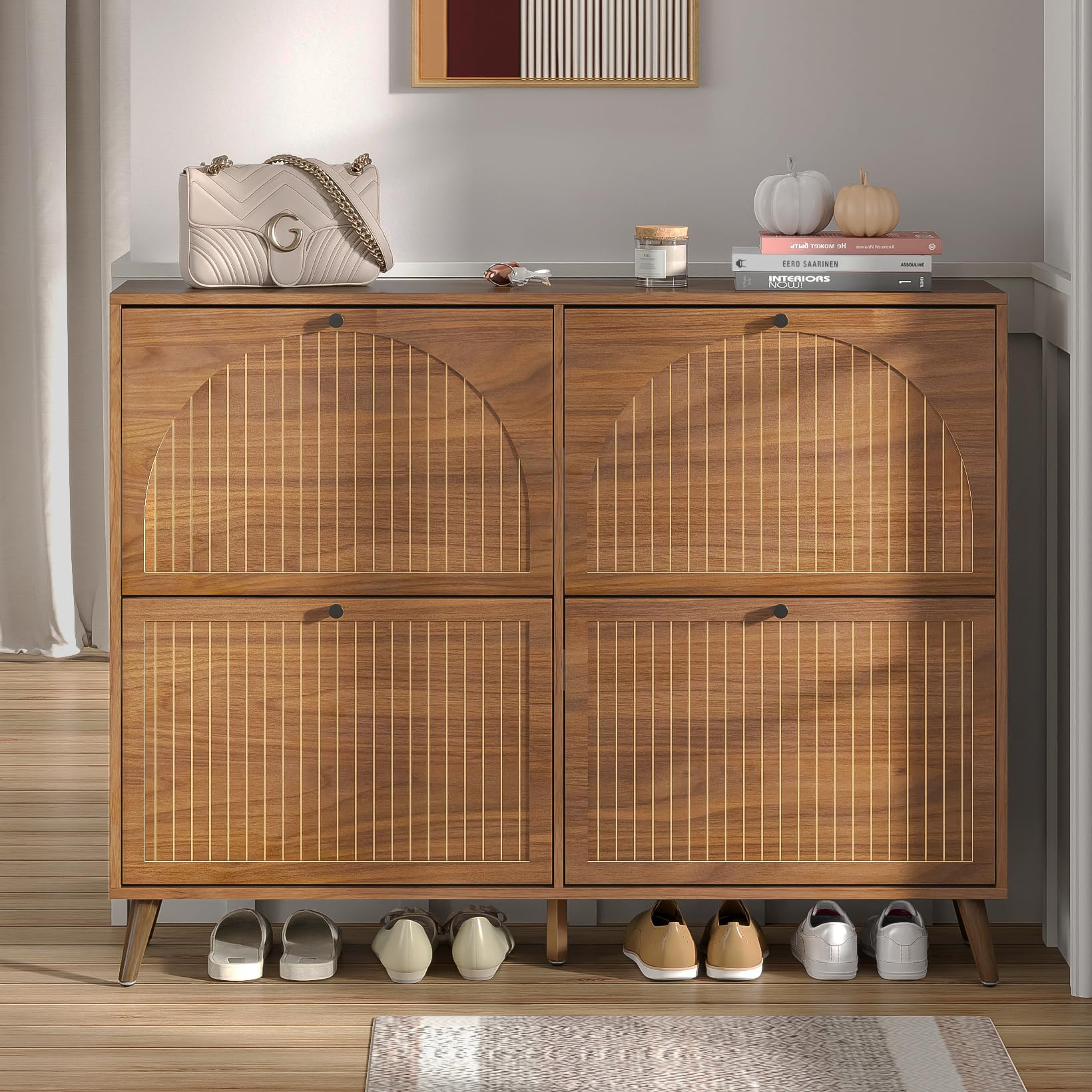 Shoe Storage Cabinet for Entryway with 4 Flip Drawers, Narrow Shoe Organizer with Fluted Panel, F... | Amazon (US)
