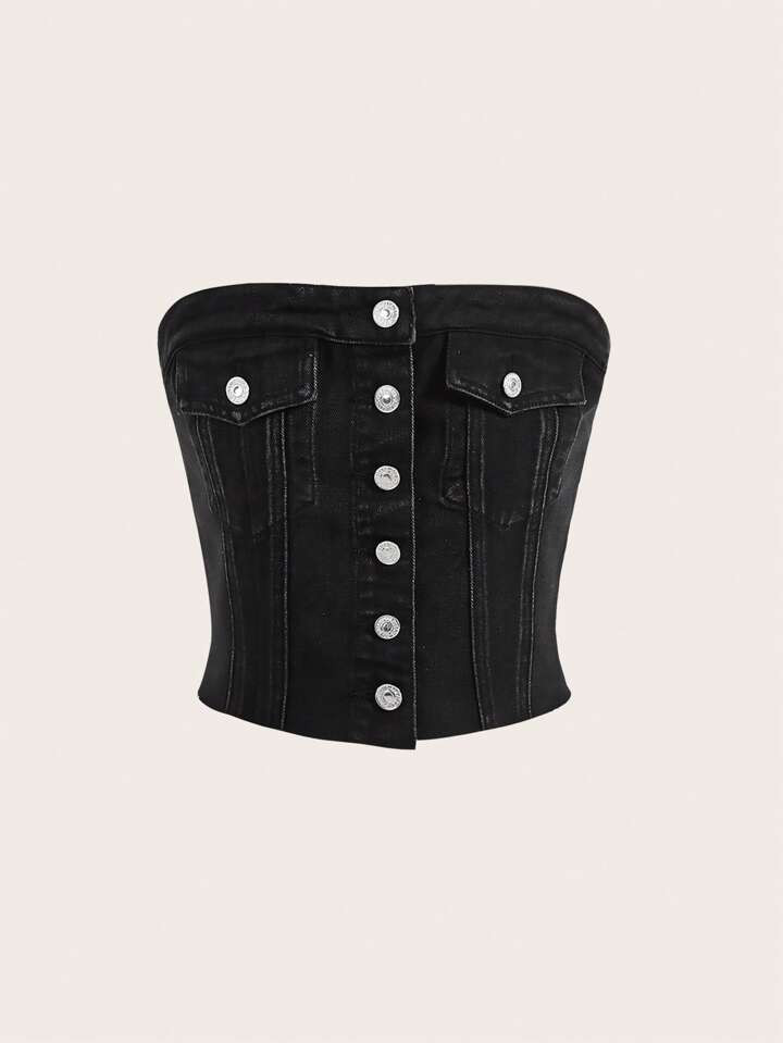 SHEIN ICON Flap Detail Tube Denim Top | SHEIN