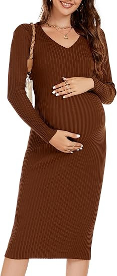 Maternity Dress Long Sleeve Knit Sweater Dress for Baby Shower | V Neck, Maternity Photoshoot, Fa... | Amazon (US)