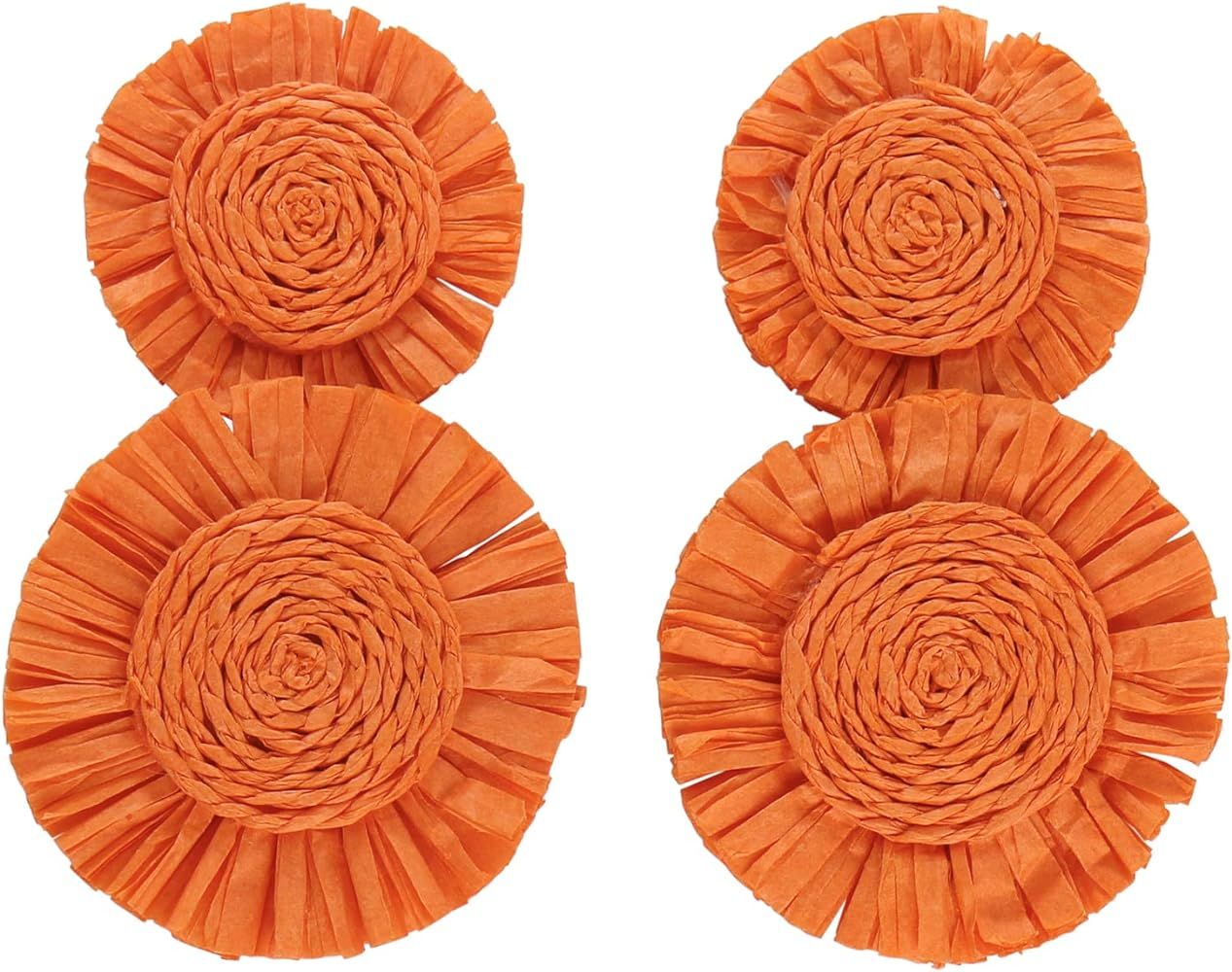 Statement Round Earrings Raffia Palm Bohemian Drop Dangle Earrings for women | Amazon (US)