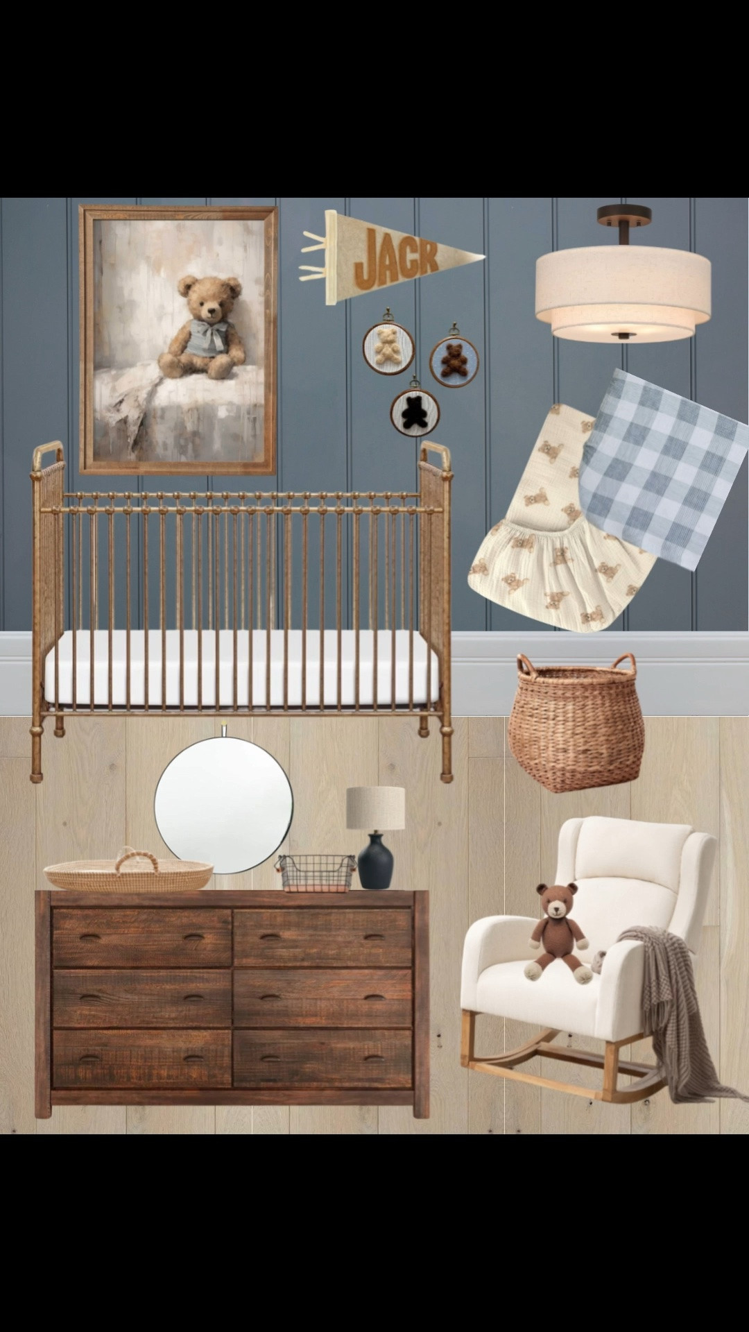 This nursery came together with so much warmth and character.

I wanted this space to feel cozy, timeless, and a little vintage-inspired without leaning overly themed, so I focused on layering warm wood tones, soft textures, moody blue walls, teddy bear accents, and collected details that make the room feel calm and inviting.

The brass crib paired with the darker wall color adds so much warmth and contrast, while the plaid bedding, vintage-inspired artwork, and woven textures keep everything feeling soft and lived-in.

I love nurseries that feel thoughtful and cozy while still being practical enough to grow with baby over time, and this one has such a sweet collected feel to it.

I linked everything here (or similar finds) if you’re wanting to recreate this cozy vintage-inspired nursery look in your own home 🤍

#LTKHome #LTKBaby