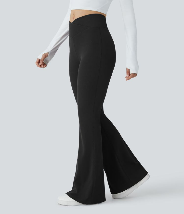 Women’s Crossover High Waisted Pocket Waffle Casual Flare Pants - Halara | HALARA