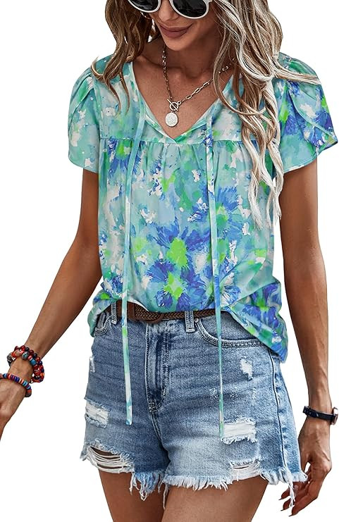 Angashion Women's Summer Tops Casual Floral Print V Neck Ruffle Short Sleeve Loose Tunic T Shirt ... | Amazon (US)