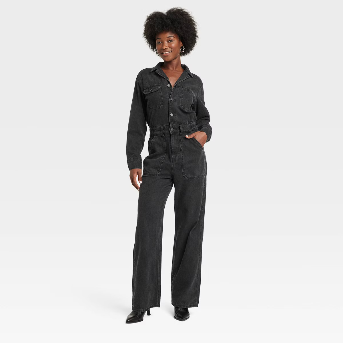 Women's Long Sleeve Utility Baggy Denim Jumpsuit - Universal Thread™ Black 22 | Target
