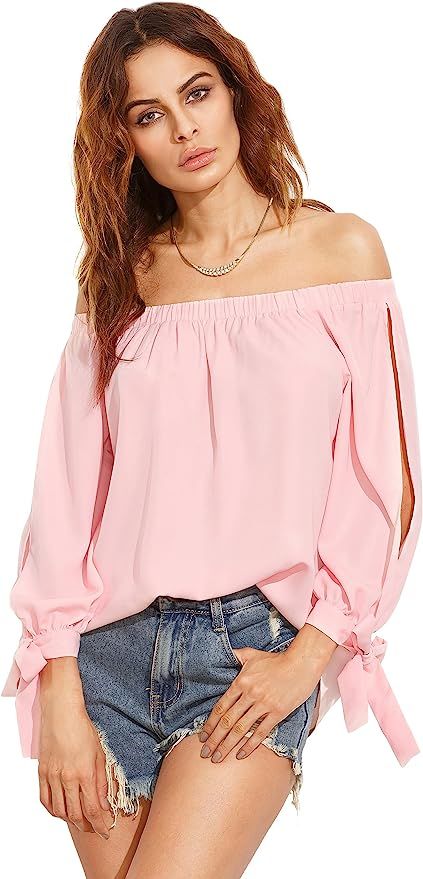 SheIn Women's Off Shoulder Slit Sleeve Tie Cuff Blouse Top | Amazon (US)