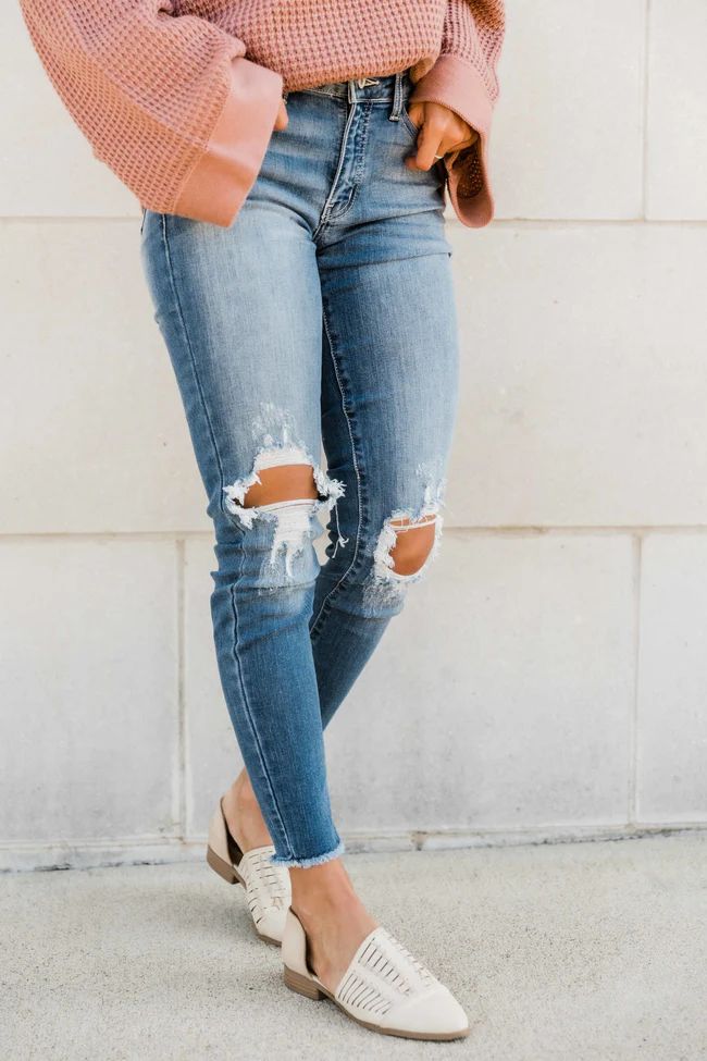 The Kallista Medium Wash Distressed Crop Jeans | The Pink Lily Boutique
