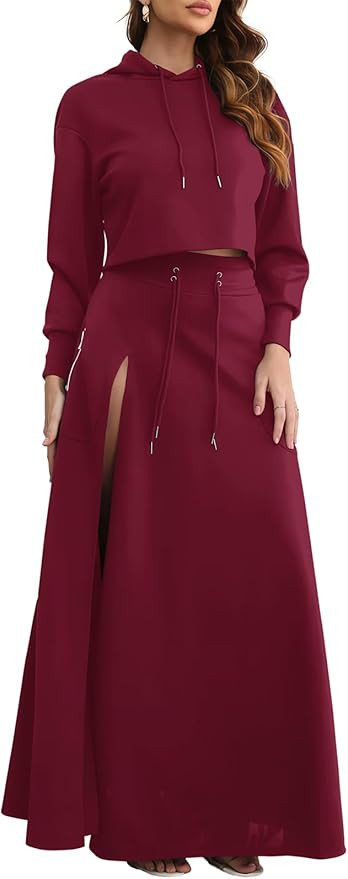 AirZeal Hoodie Skirt Set Women 2 Piece Outfits Cropped Long Sleeve Hoodies and High Slit Maxi Ski... | Amazon (US)