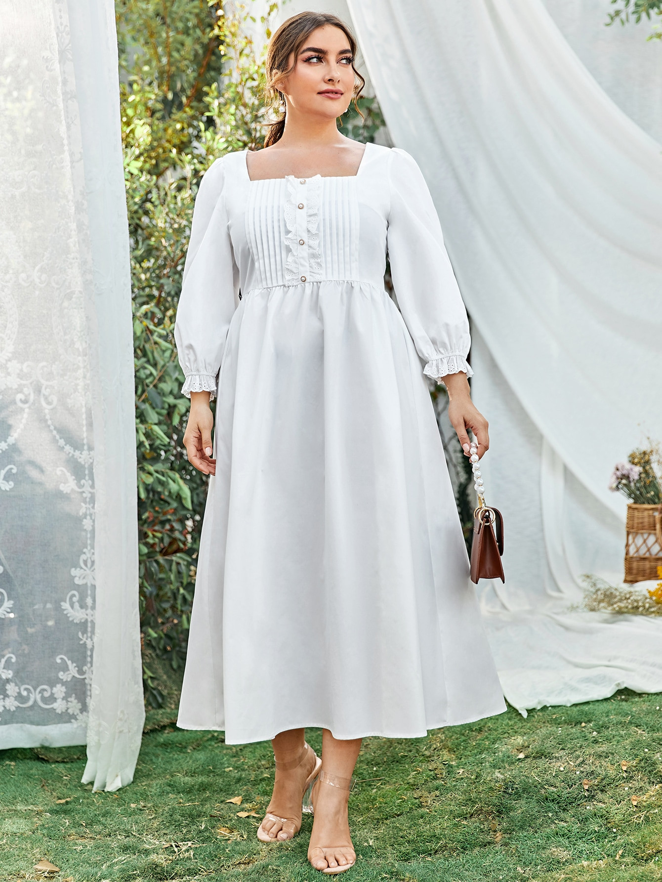 SHEIN Plus Square Neck Pleated Front Frill Trim Dress | SHEIN