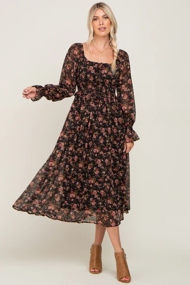 Black Floral Chiffon Smocked Waist Midi Dress | PinkBlush Maternity