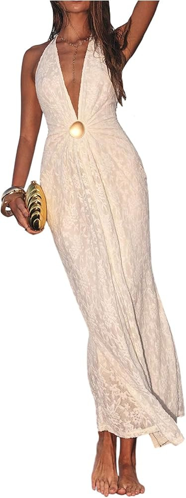 OYOANGLE Women's Lace Deep V Halter Maxi Dress Sleeveless Backless Ruched Beach Wedding Guest Dre... | Amazon (US)