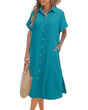 Zeagoo Women Dresses Summer Casual Short Sleeve Button Down Shirt Dresses 2026 Beach Cover Up wit... | Amazon (US)
