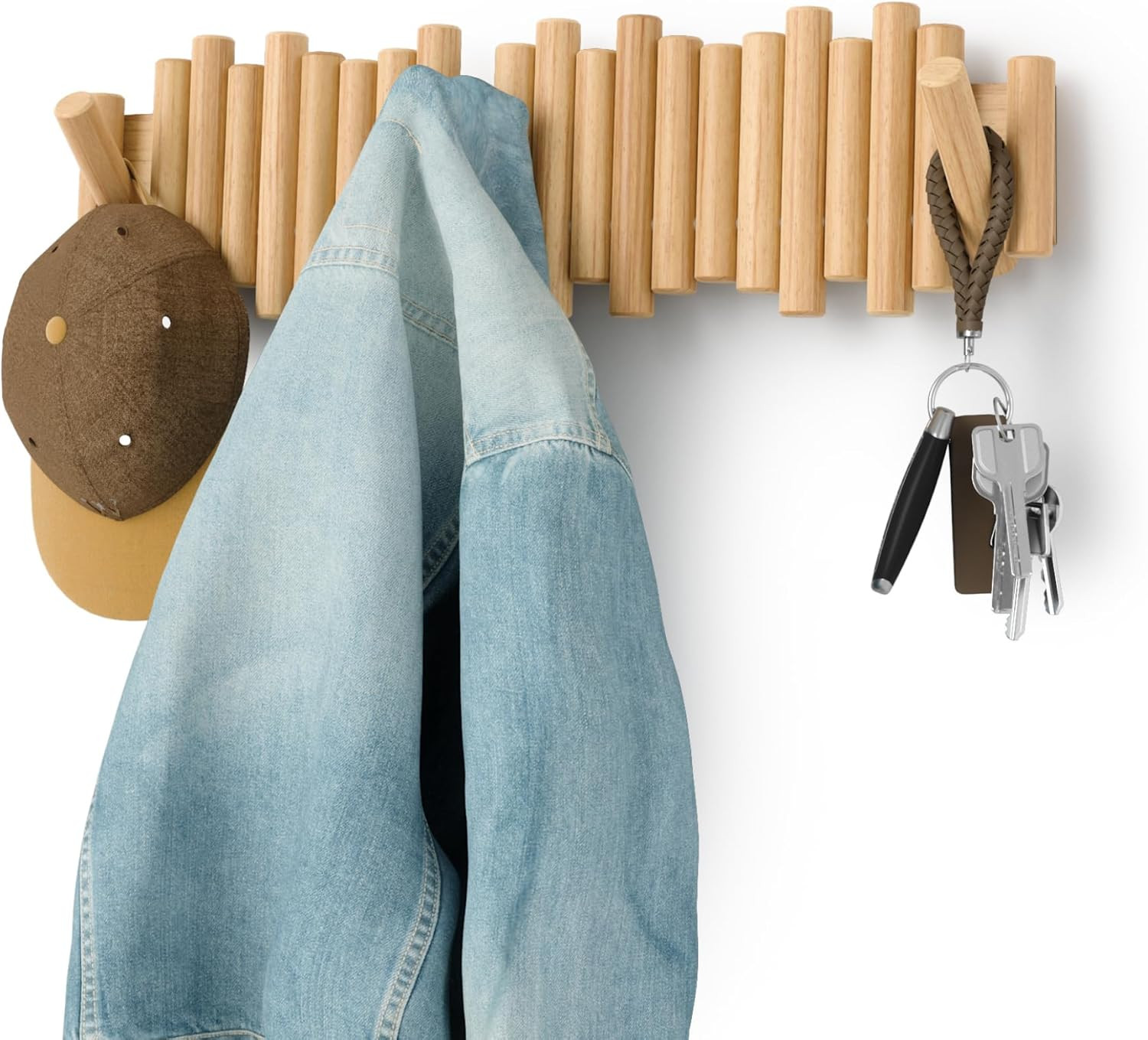 Umbra Picket Coat Rack with 8 Hooks – Natural Wall-Mounted Coat Rack with Flip-Down Wooden Hooks, Real Pine Wood Decorative Wall Storage for Jackets, Hats, Scarves, Bags, Entryway, Bedroom Living Room | Amazon (US)