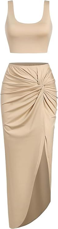 ZAFUL Women’s 2 Pieces Skirt with Crop Tank, High-Slit Twist Skirt Set Bodycon Dress for Party ... | Amazon (US)