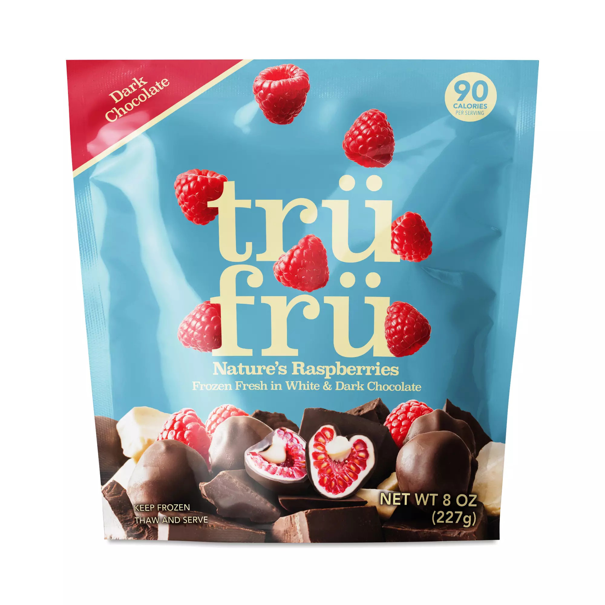 Tru Fru Frozen Raspberries, White & Dark Chocolate 8 oz pouch | Thrive Market