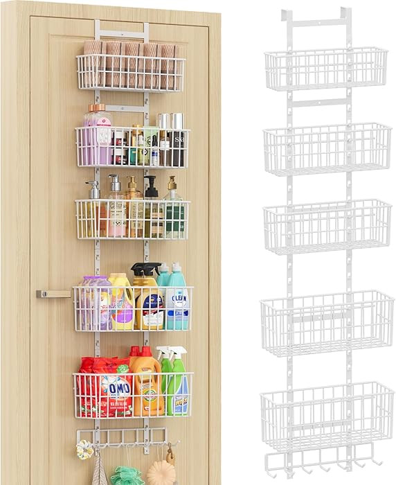 Adjustable Over The Door Organizer, Metal Hanging Door Organizer with 5 Wire Basket 7 Hooks, Wall... | Amazon (US)
