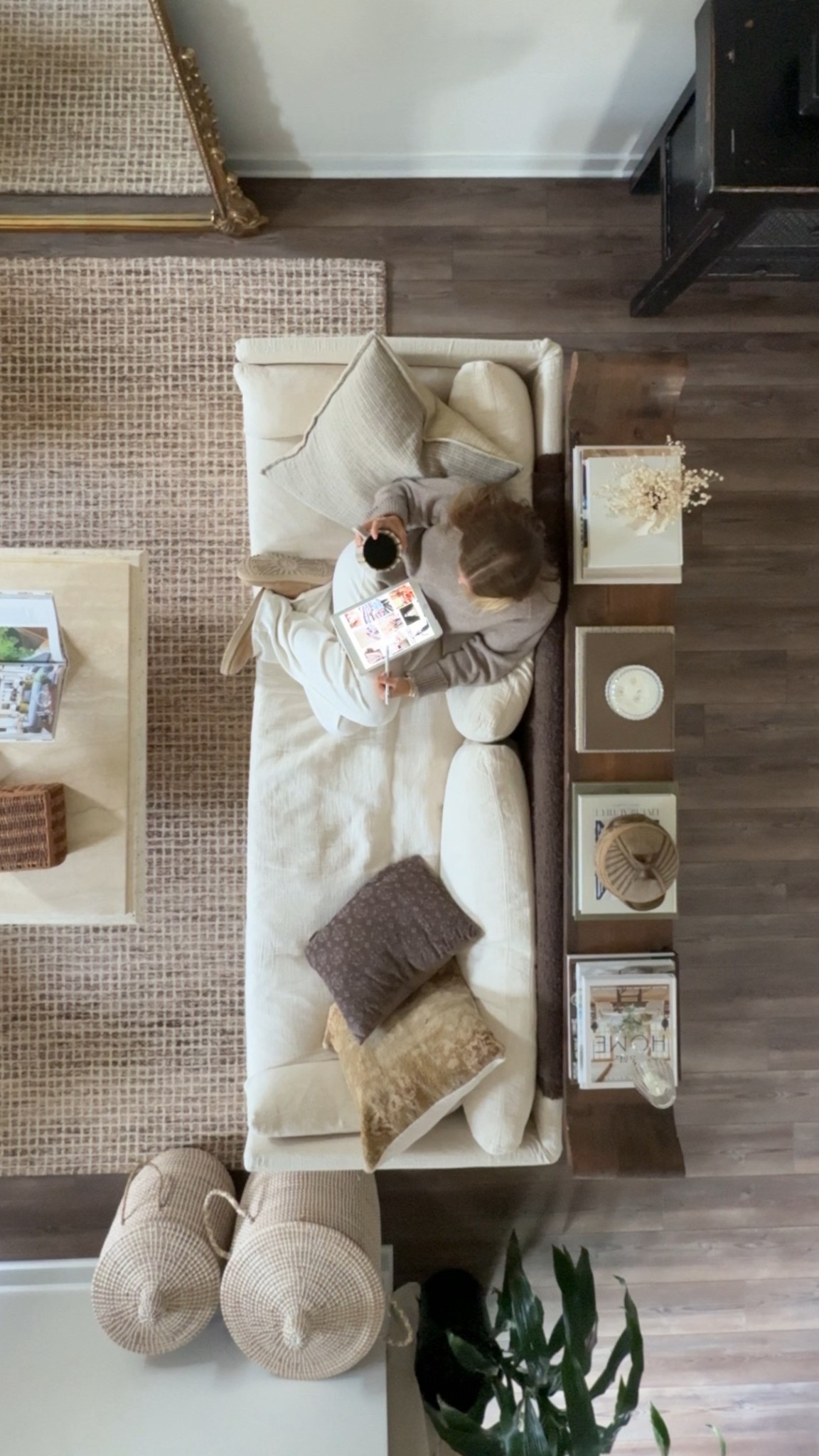 9/13/25 Morning coffee, cozy blanket, and soft light ☕️✨ An overhead view of our living room where I start most mornings. Linking our living room pieces that make this space feel so inviting 🤍

