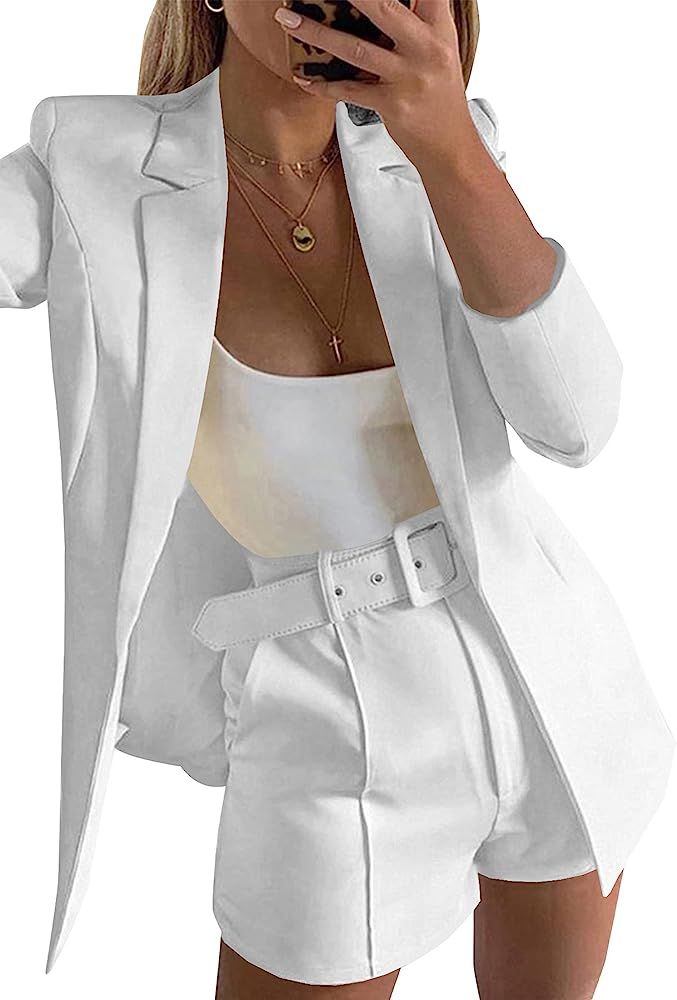 Tcremisa 2 Piece Outfits for Women Long Sleeve Solid Color Blazer with Pockets Shorts Suit Sets | Amazon (US)