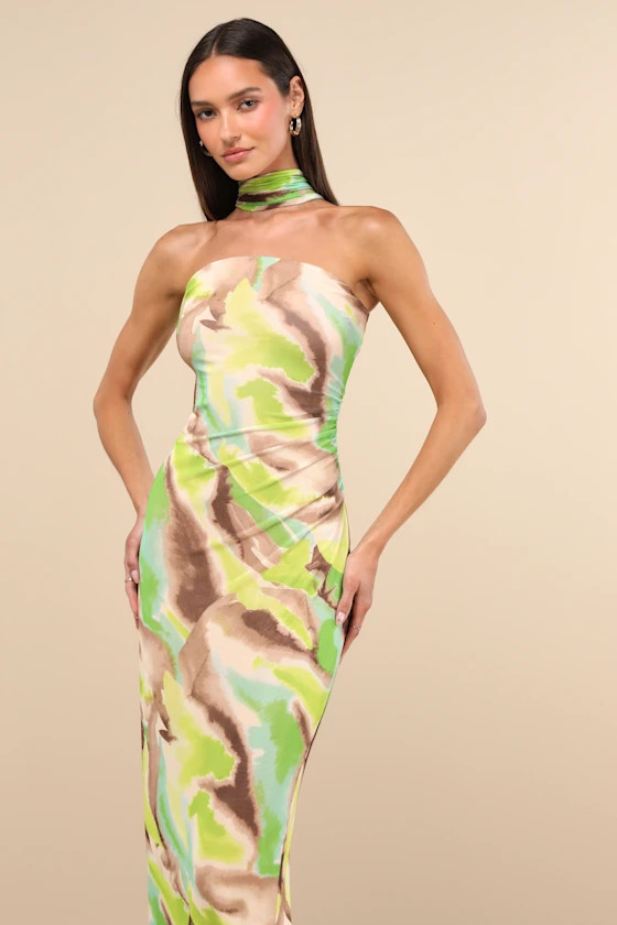 Adria Green Multi Abstract Print Mesh Maxi Dress | Lulus