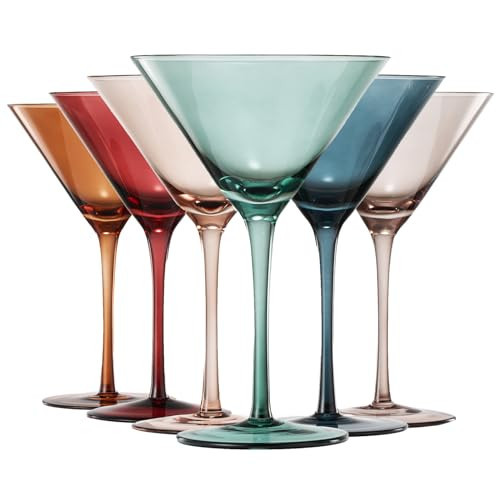 Colored Martini & Cocktail Crystal Glasses - 10oz | Set of 6 | Cute Pastel Muted Crystal Cocktail Glassware, Unique Gift Wife, Her, Mom, Friend Cocktails, Red & White Tall Stemmed Drinkware, Gifts | Amazon (US)