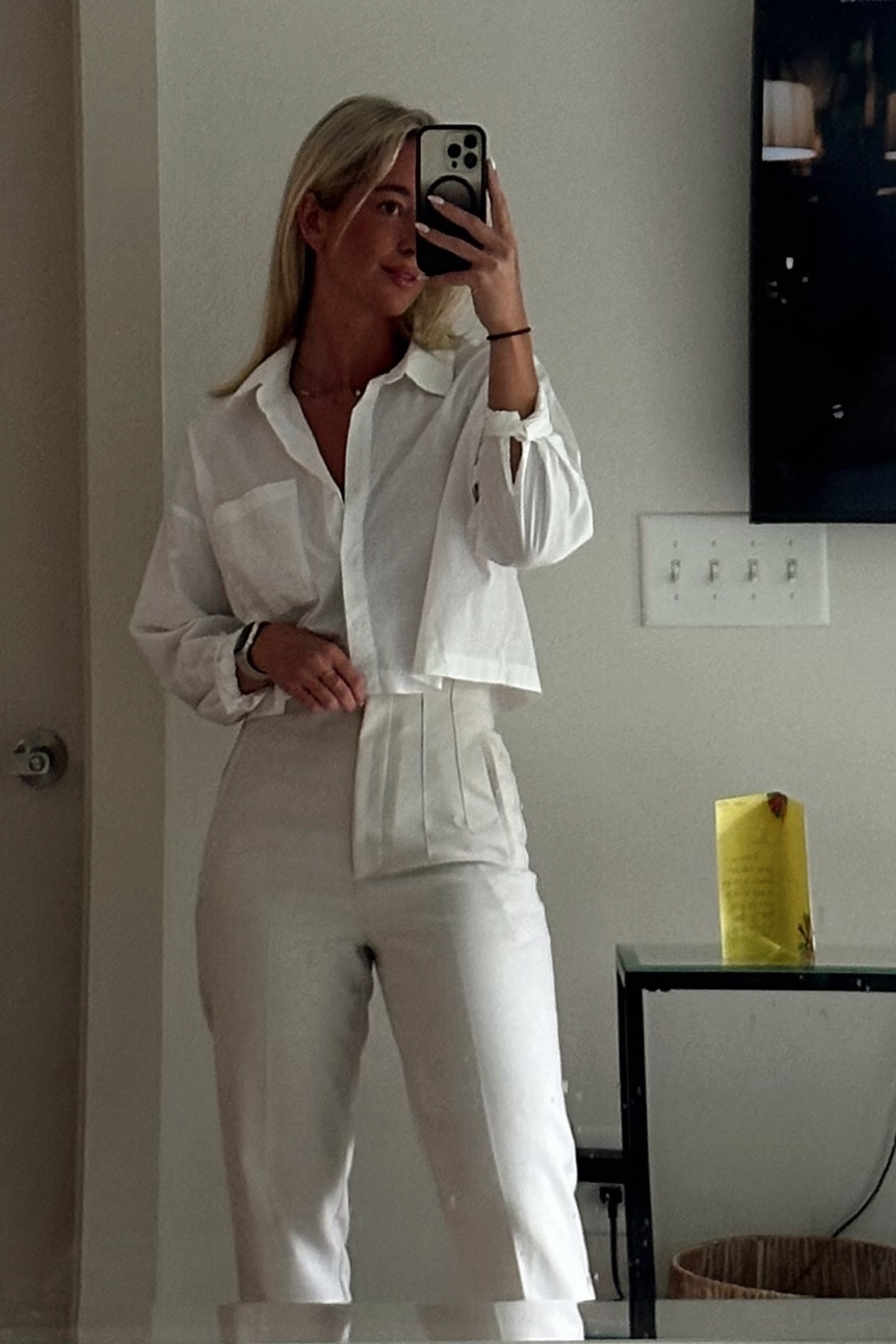 Crop button up - s 
Zara pants - M (Amazon dupe listed) 