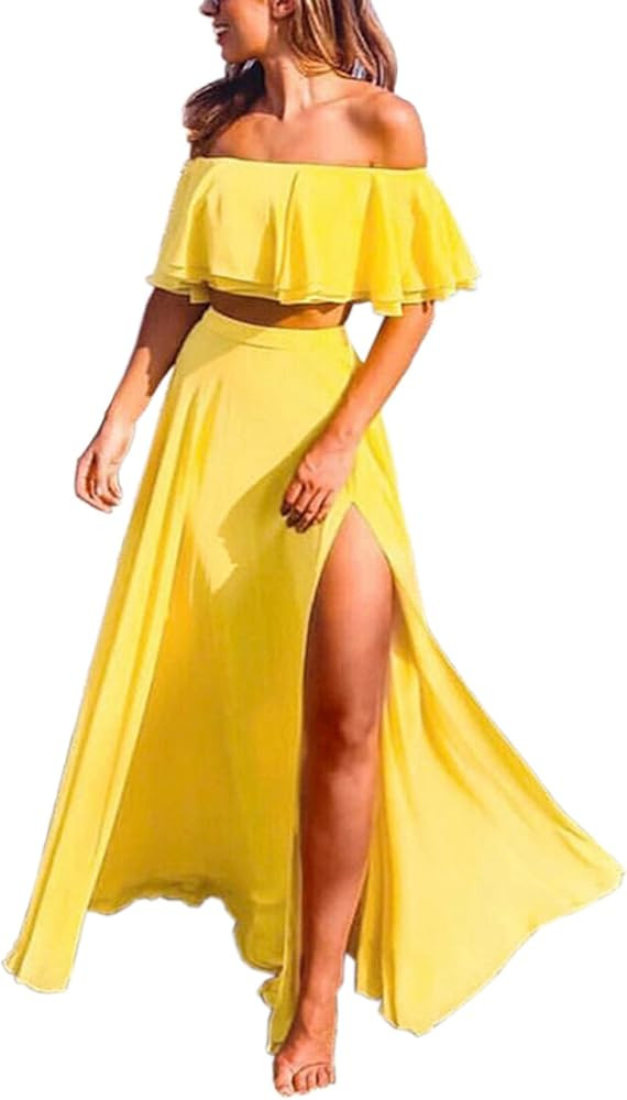 MllesReve Women Sexy 2 Piece Maxi Dress Chiffon Ruffle Crop Top Formal Evening Dresses High Split... | Amazon (US)