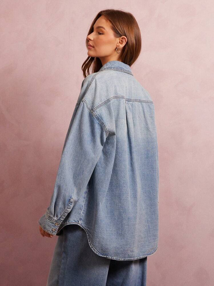 WESTFADE Collared Button Front Patch Pocket Oversized Long Sleeve Denim Shirt Jacket | SHEIN